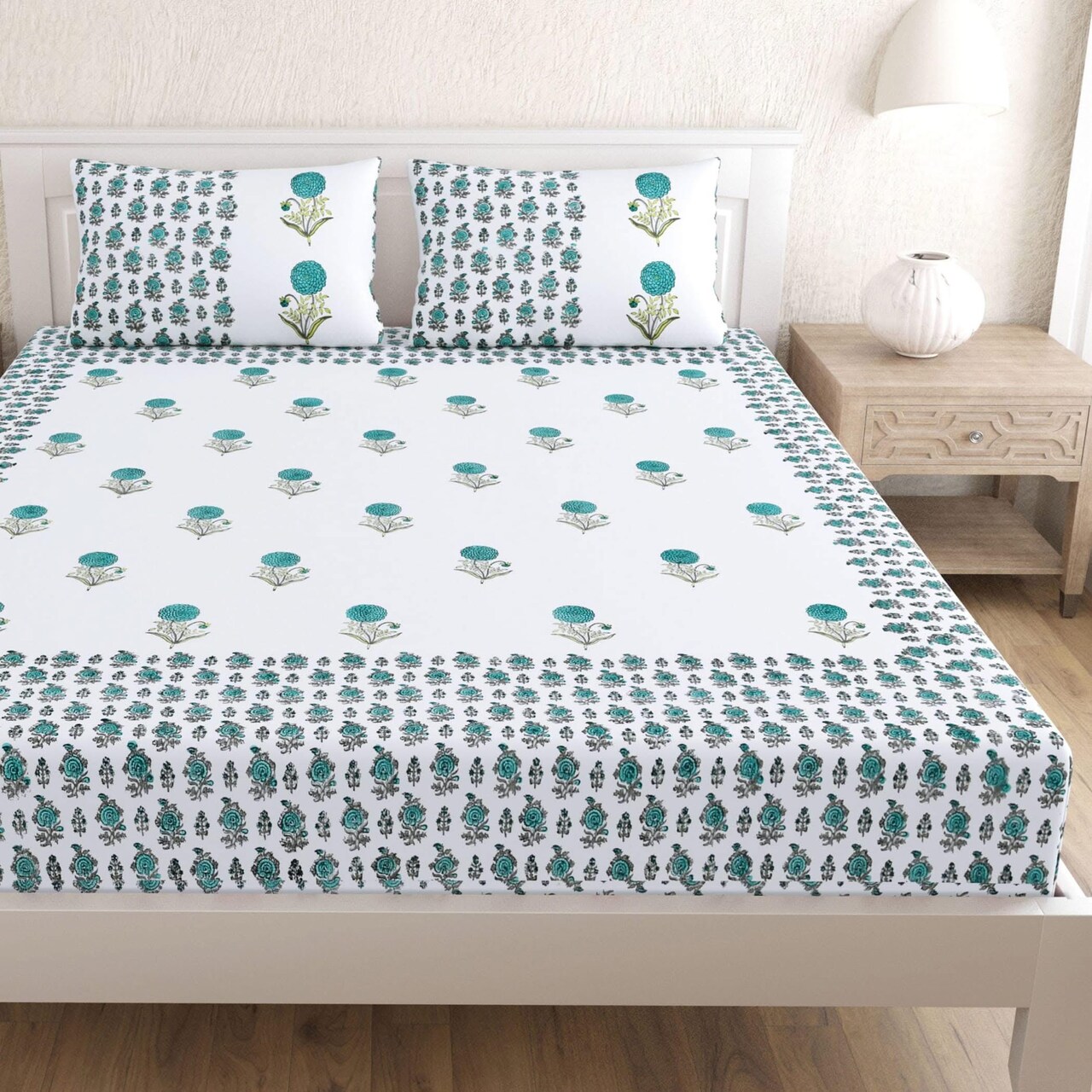 Fitted Sheet Set Floral Print Indian 150 Thread Count 3 Pcs 100% Cotton Ethnic Bedsheets Premium Soft & Breathable Bedding Set Home Decor Sheets (king, Queen)